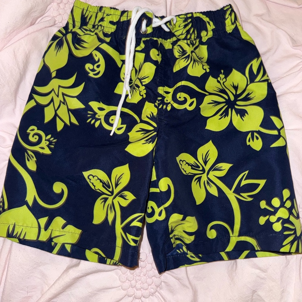 Floral Kids Swim Trunks - Navy and Lime